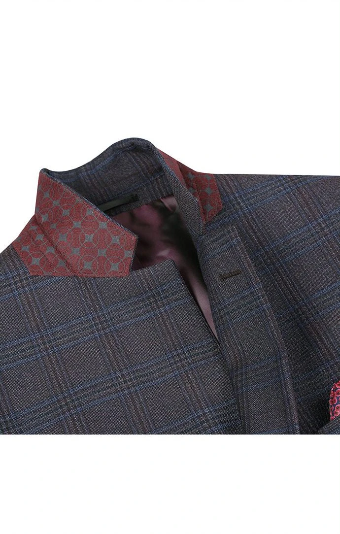 Wool Blend Plaid Pattern Regular Fit 2 Button Blazer In Burgundy 3 Wool Blend Plaid Pattern Regular Fit 2 Button Blazer In Burgundy - Image 3