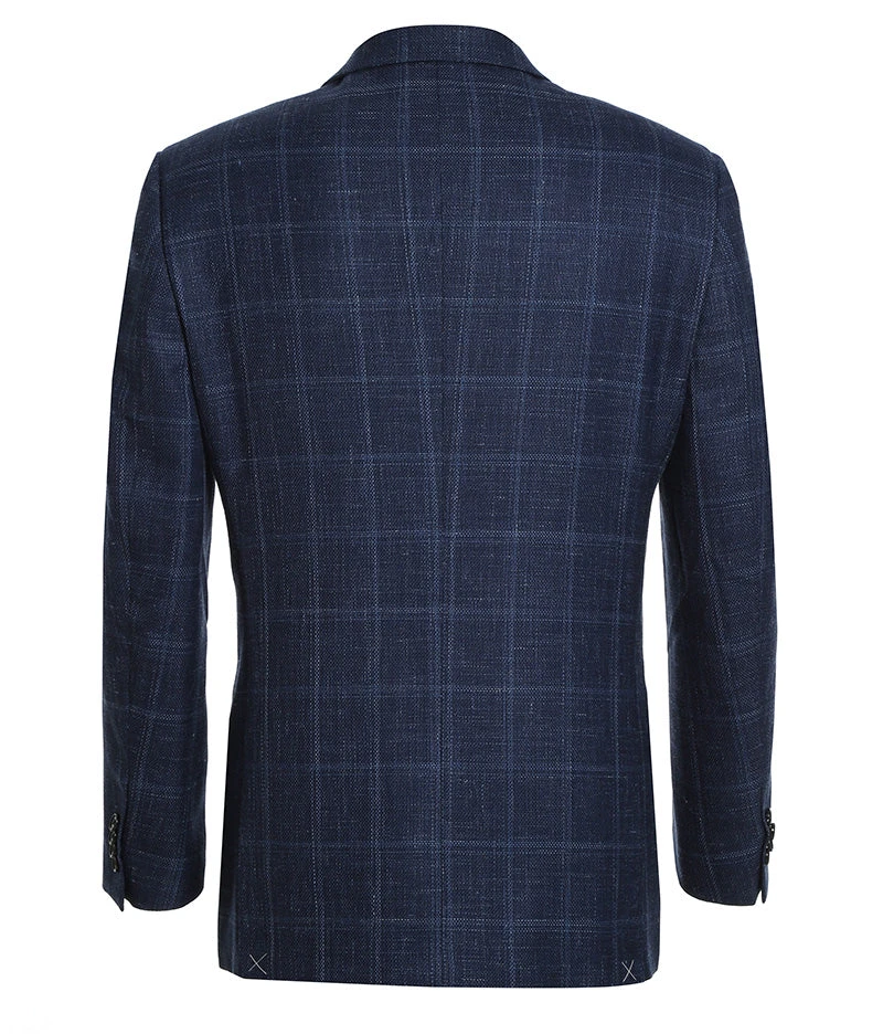 Wool And Silk Regular Fit Blazer Windowpane Pattern In Navy 2 Wool And Silk Regular Fit Blazer Windowpane Pattern In Navy - Image 2