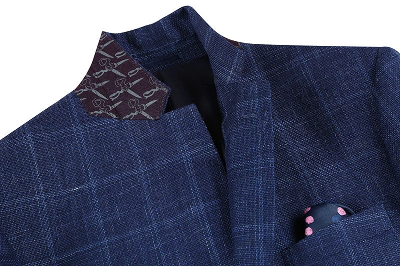 Wool And Silk Regular Fit Blazer Windowpane Pattern In Navy 3 Wool And Silk Regular Fit Blazer Windowpane Pattern In Navy - Image 3