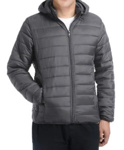 Men's Quilted Puffer Jacket With Detachable Hood In Gray