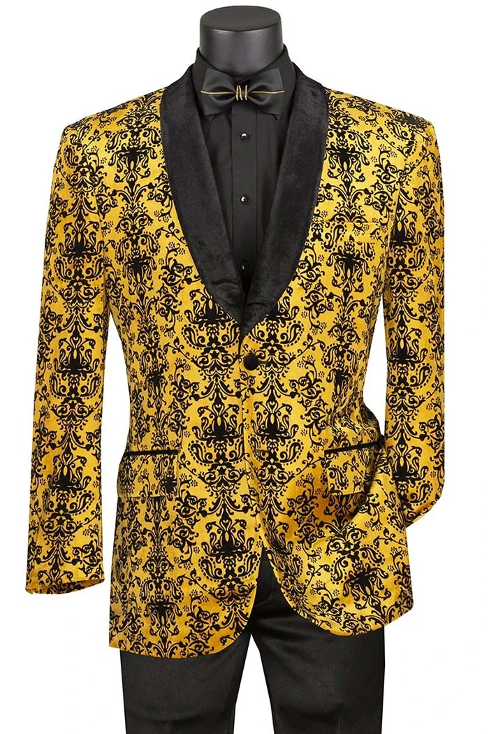 Gold Regular Fit Embossed Damask Print Velvet Jacket Shawl Lapel