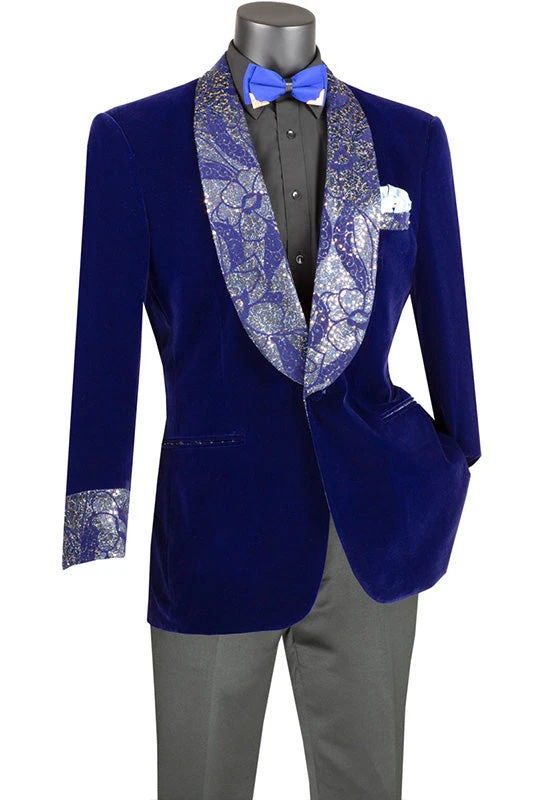 Blue Regular Fit Velvet Jacket With Wide Shawl Lapel And Cuffs