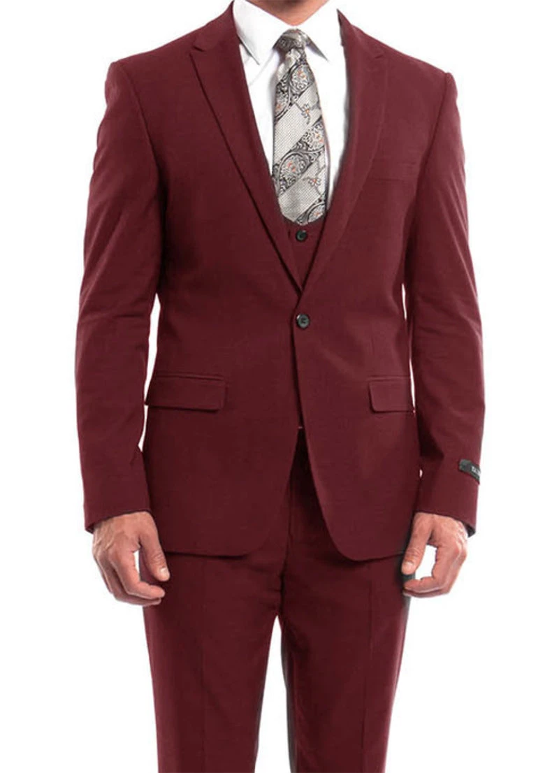 Cherry Red Solid Color 3 Piece Slim Fit Suit 1 Button Peak Lapel 1 Cherry Red Solid Color 3 Piece Slim Fit Suit 1 Button Peak Lapel
