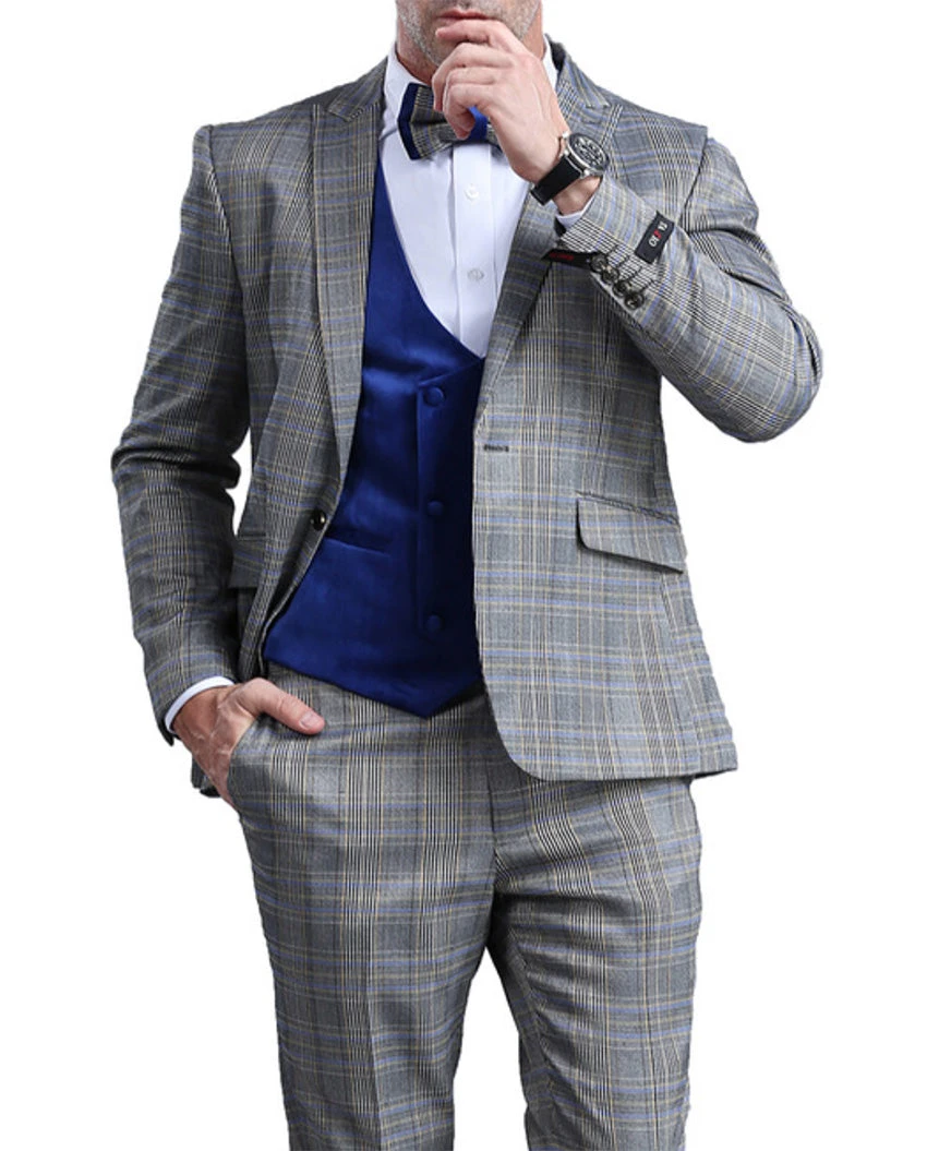 Blue Slim Fit Tuxedo 4 Piece Glen Plaid With Bow Tie 1 Blue Slim Fit Tuxedo 4 Piece Glen Plaid With Bow Tie