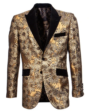 Empire Collection - Slim Fit Gold Floral Pattern Blazer 1 Empire Collection - Slim Fit Gold Floral Pattern Blazer