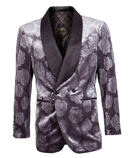 Empire Collection - Slim Fit Charcoal Floral Pattern Double Breasted Blazer 1 Empire Collection - Slim Fit Charcoal Floral Pattern Double Breasted Blazer