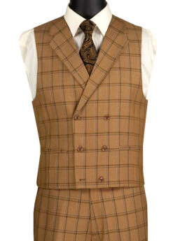 Tuscany Collection - Modern Fit Windowpane Suit 3 Piece In Camel -Bowie Store MV2W 2 CAMEL VEST