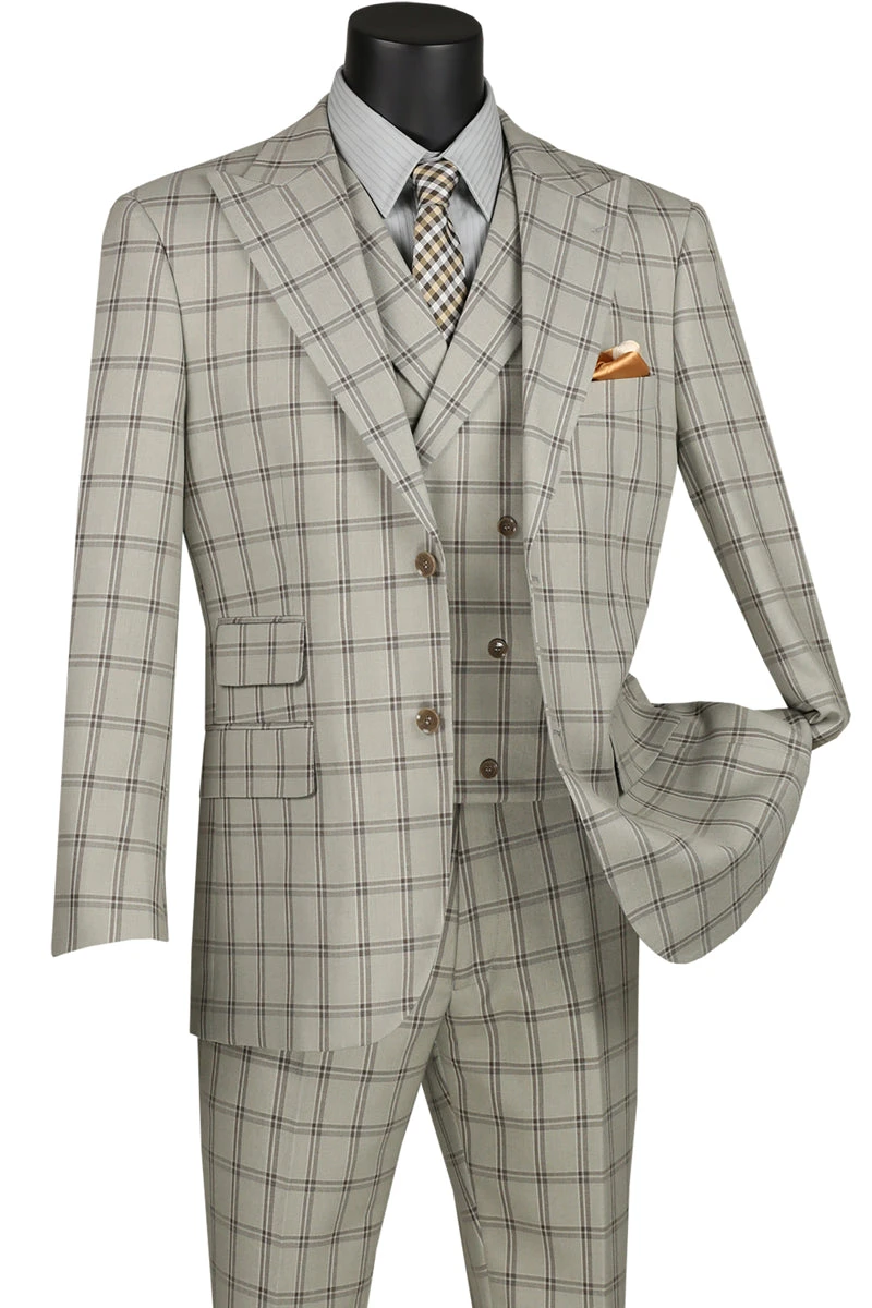 Tuscany Collection - Modern Fit Windowpane Suit 3 Piece In Putty 1 Tuscany Collection - Modern Fit Windowpane Suit 3 Piece In Putty