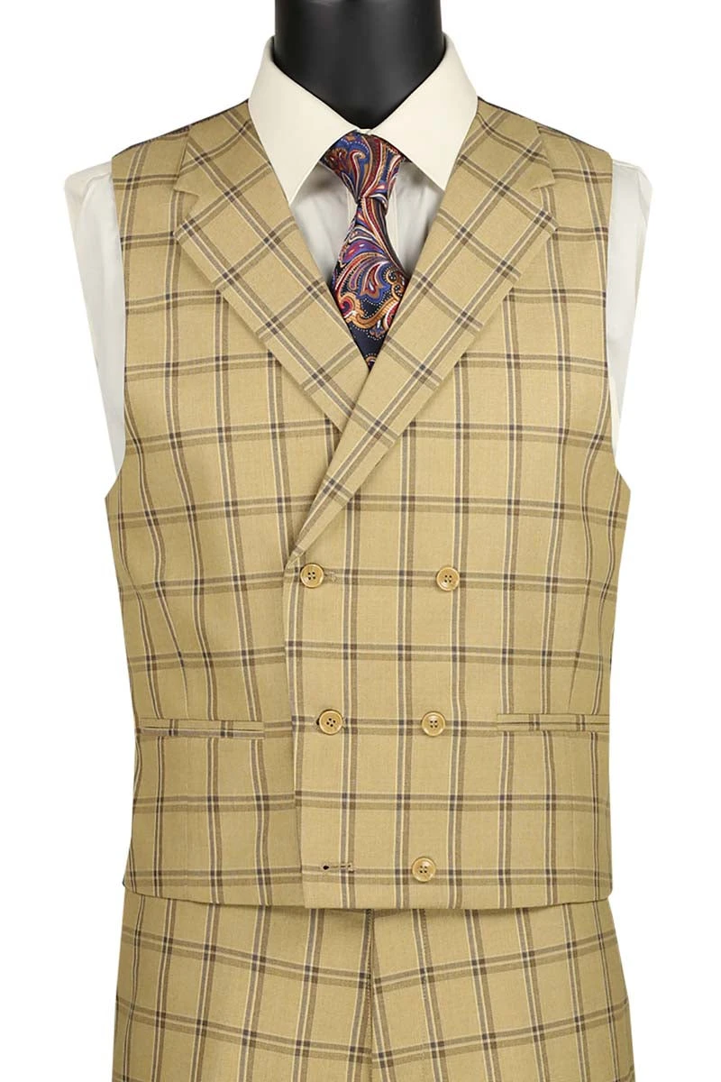 Tuscany Collection - Modern Fit Windowpane Suit 3 Piece In Tan 2 Tuscany Collection - Modern Fit Windowpane Suit 3 Piece In Tan - Image 2