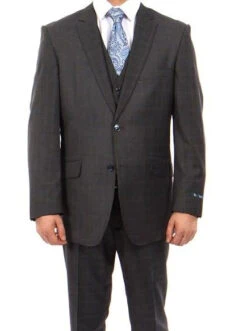 Wool Suit Modern Fit Windowpane 3 Piece In Dark Gray