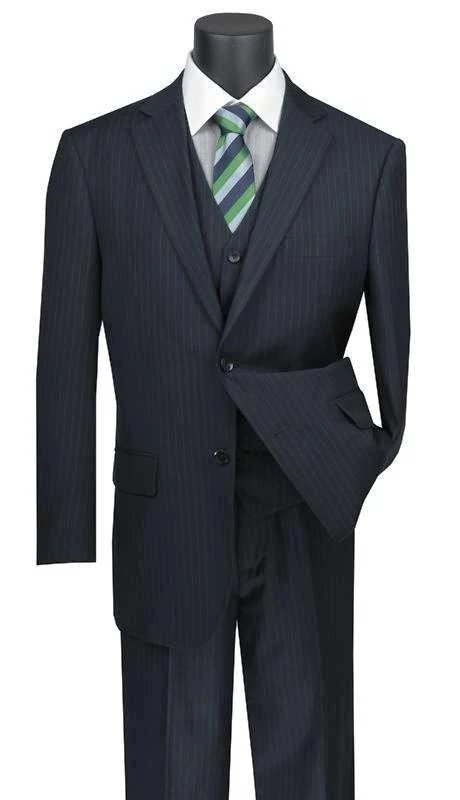 Sovana Collection - Regular Fit 3 Piece Suit 2 Button Tone On Tone Stripe In Navy 1 Sovana Collection - Regular Fit 3 Piece Suit 2 Button Tone On Tone Stripe In Navy