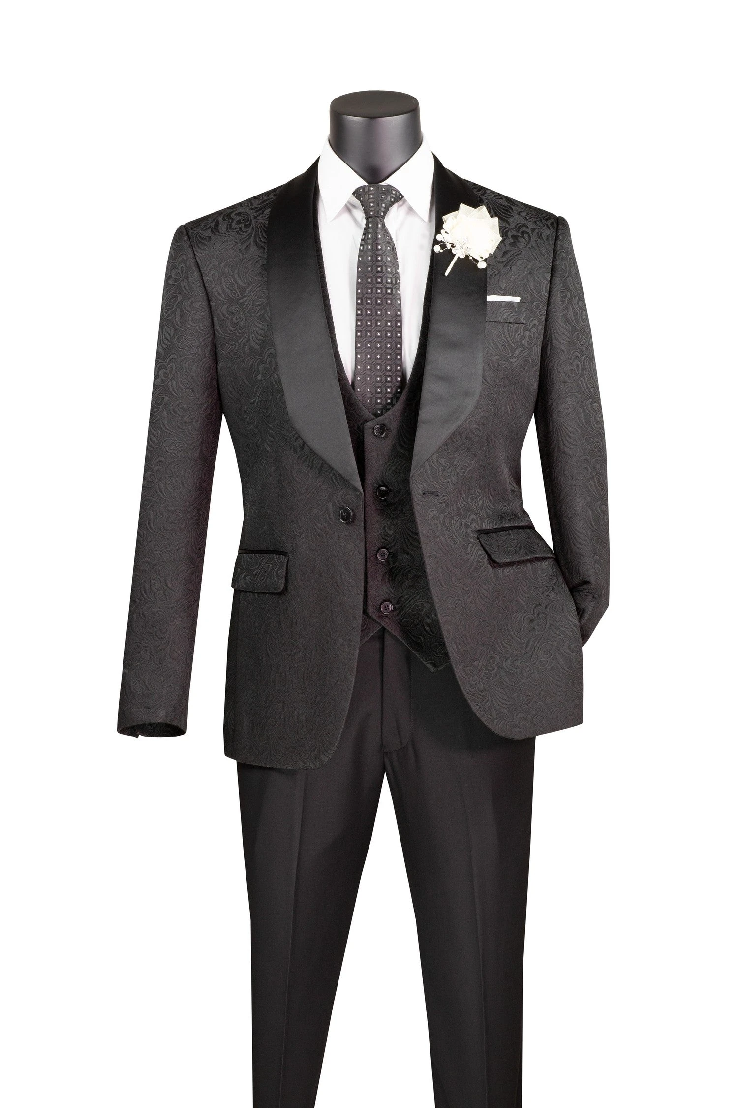 Slim Fit Tuxedo 3 Piece With Jacquard Pattern In Black 1 Slim Fit Tuxedo 3 Piece With Jacquard Pattern In Black