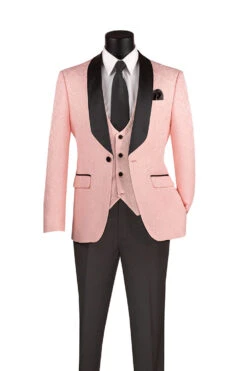 Slim Fit Tuxedo 3 Piece With Jacquard Pattern In Pink