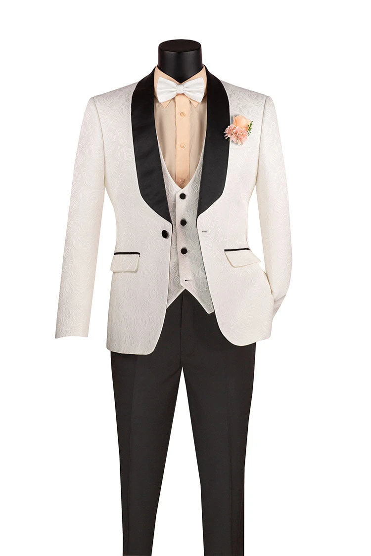 Slim Fit Tuxedo 3 Piece With Jacquard Pattern In White 1 Slim Fit Tuxedo 3 Piece With Jacquard Pattern In White