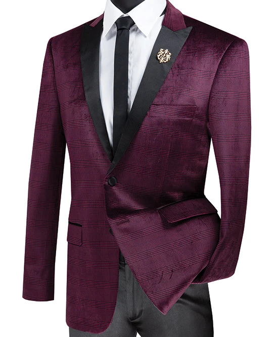 (M) Slim Fit Velvet Jacket 2 Button Peak Lapel Glen Plaid Pattern In Ruby 1 (M) Slim Fit Velvet Jacket 2 Button Peak Lapel Glen Plaid Pattern In Ruby